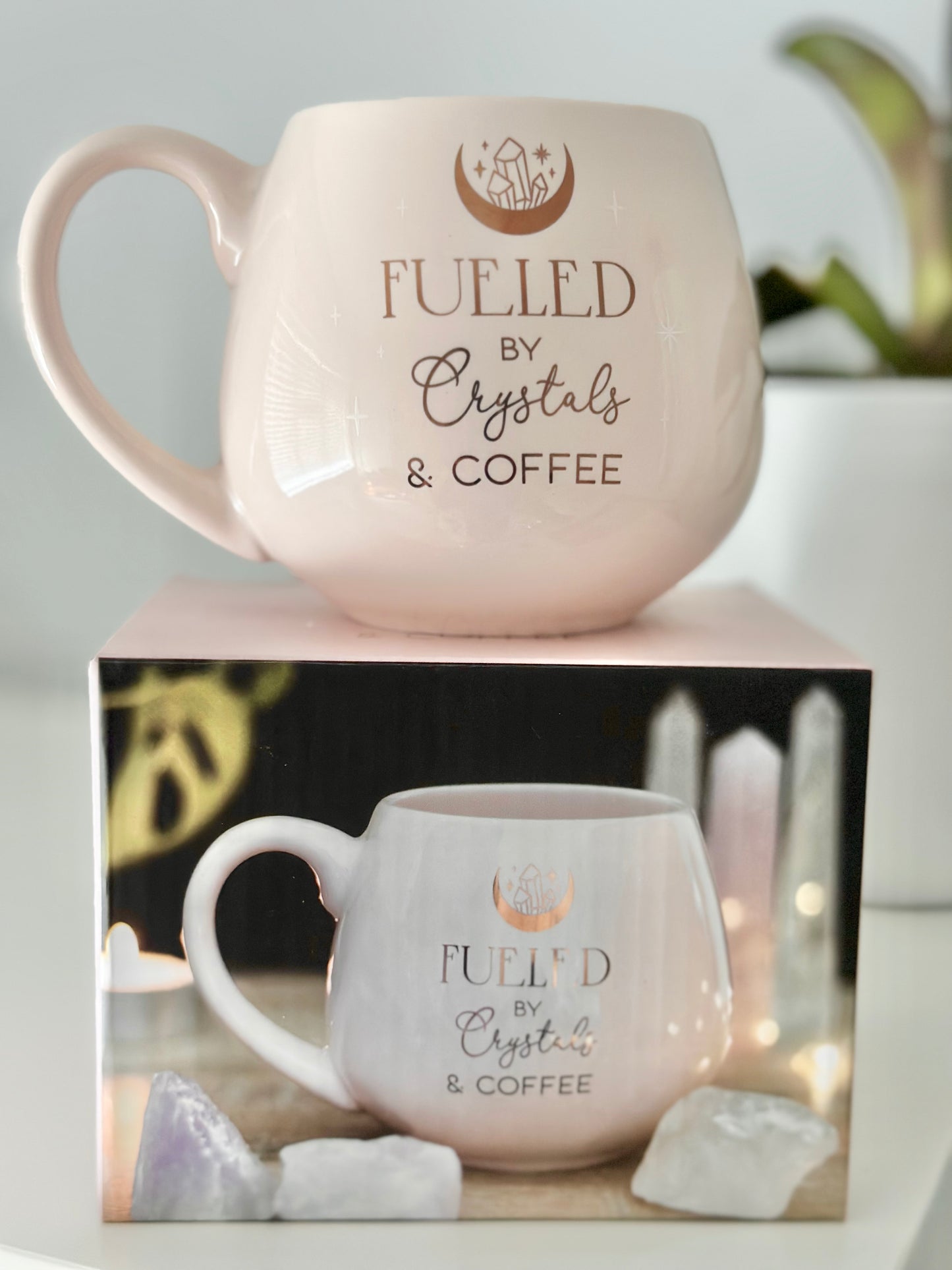 ‘Fueled by crystals and coffee’ light pink Mug